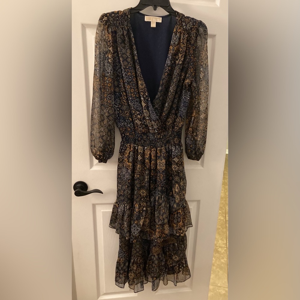 Michael Kors Tiered Ruffle Long Sleeve Wrap Dress - Navy Floral Large